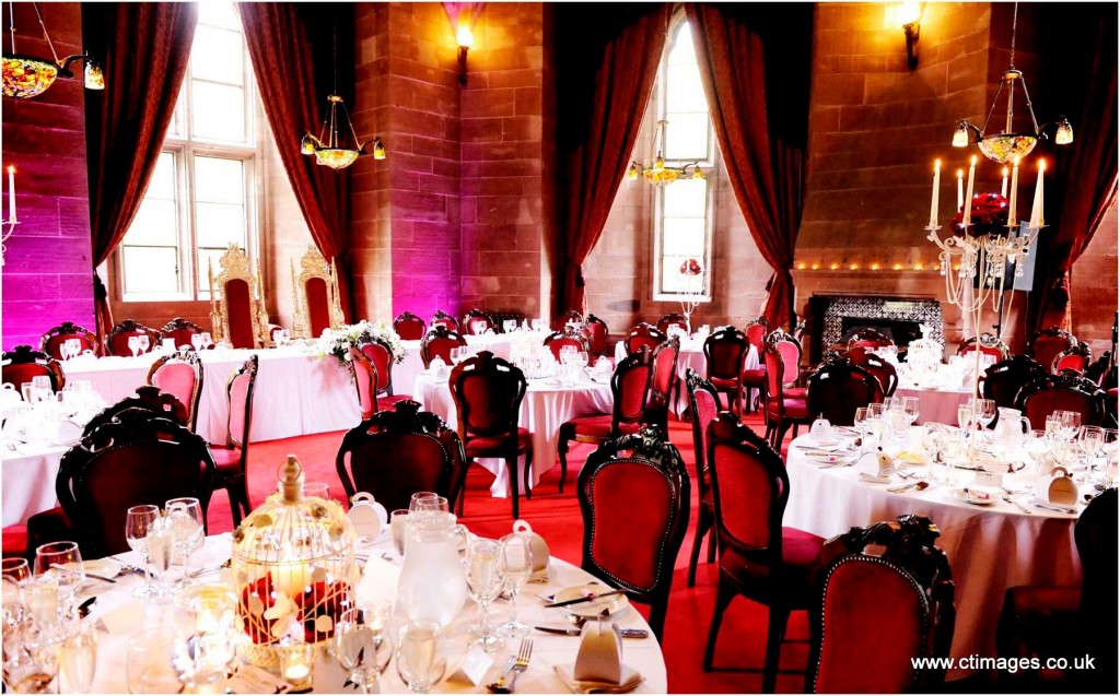 CT Images Photography in Bolton The stunning wedding breakfast room at Peckforton Castle in Cheshire