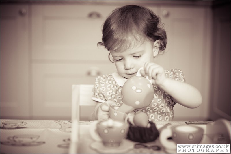 vintage photo of little girl, tea party,