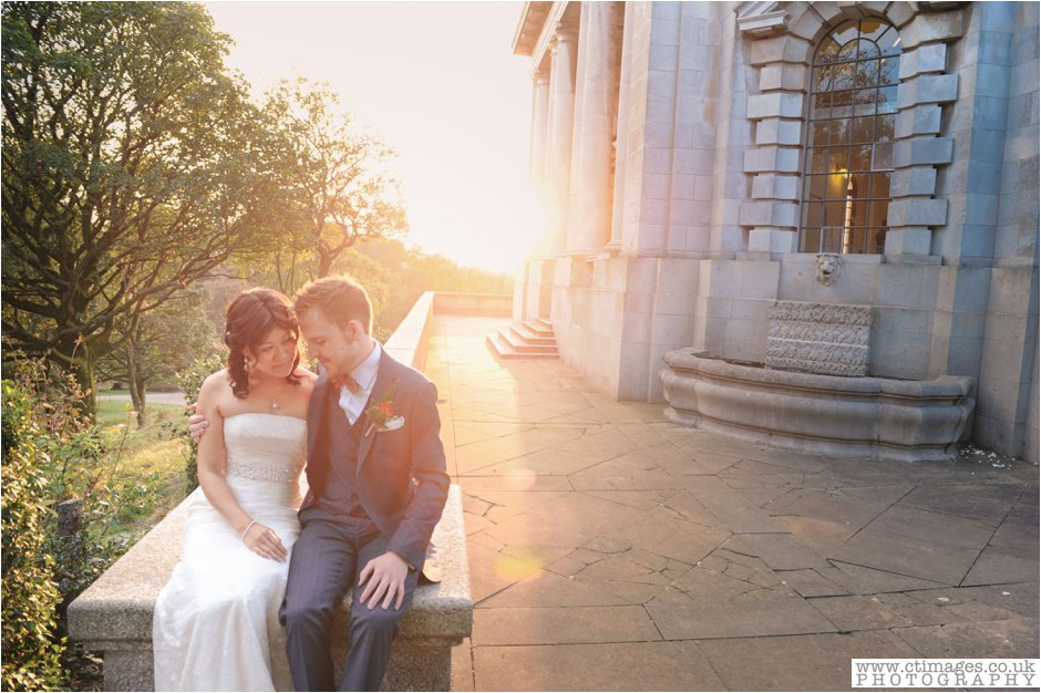 ashton memorial,bride and groom at sunset,bride outside ashton memorial,groom in bow tie,lancashire bride,lancashire wedding,lancaster photography,lancaster wedding photographer,